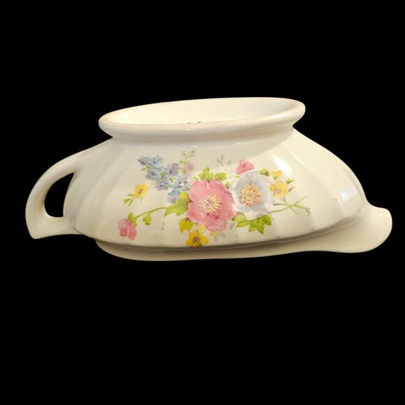 Vintage Edwin M. Knowles Gravy Boat Pink & Blue Floral Semi Vitreous USA - Picture 4 of 6